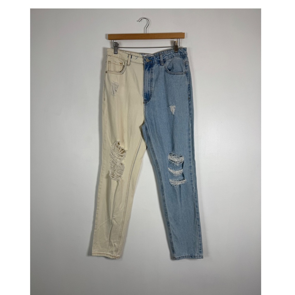 Edgy Redial Womens 28 Two Tone Distressed Straight Leg Jeans Blue Cream RD1378